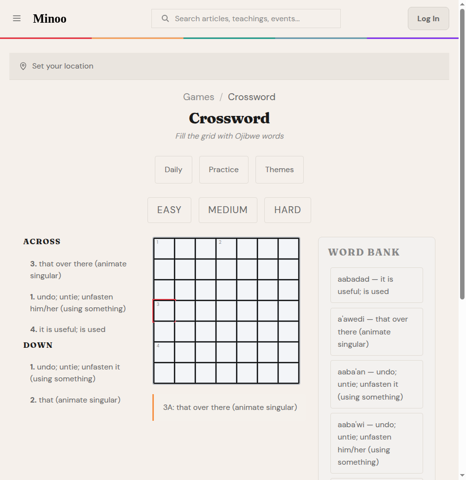 Minoo crossword puzzle showing a 7x7 grid with Ojibwe clues and word bank