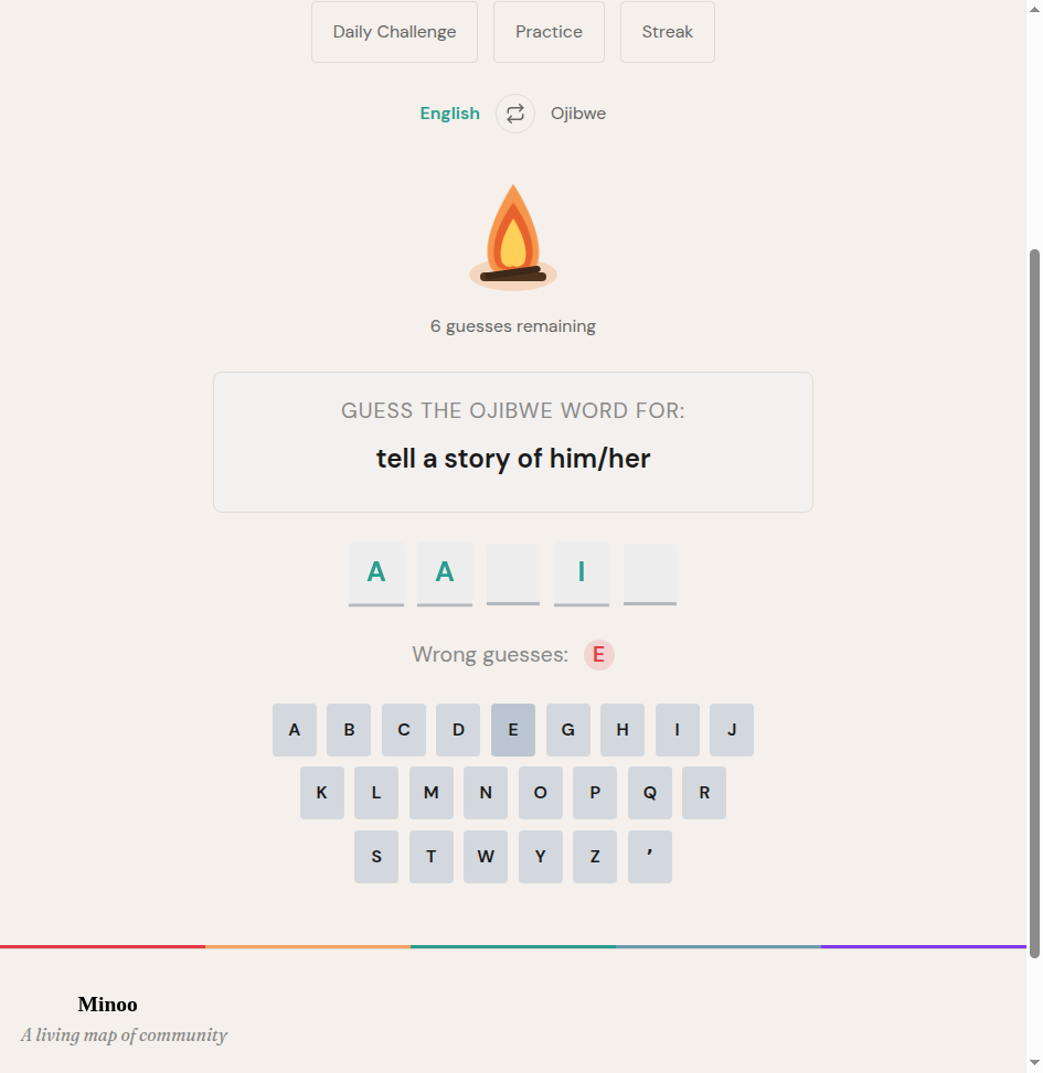 Mid-game screenshot showing the campfire, a partially revealed word, and the letter keyboard