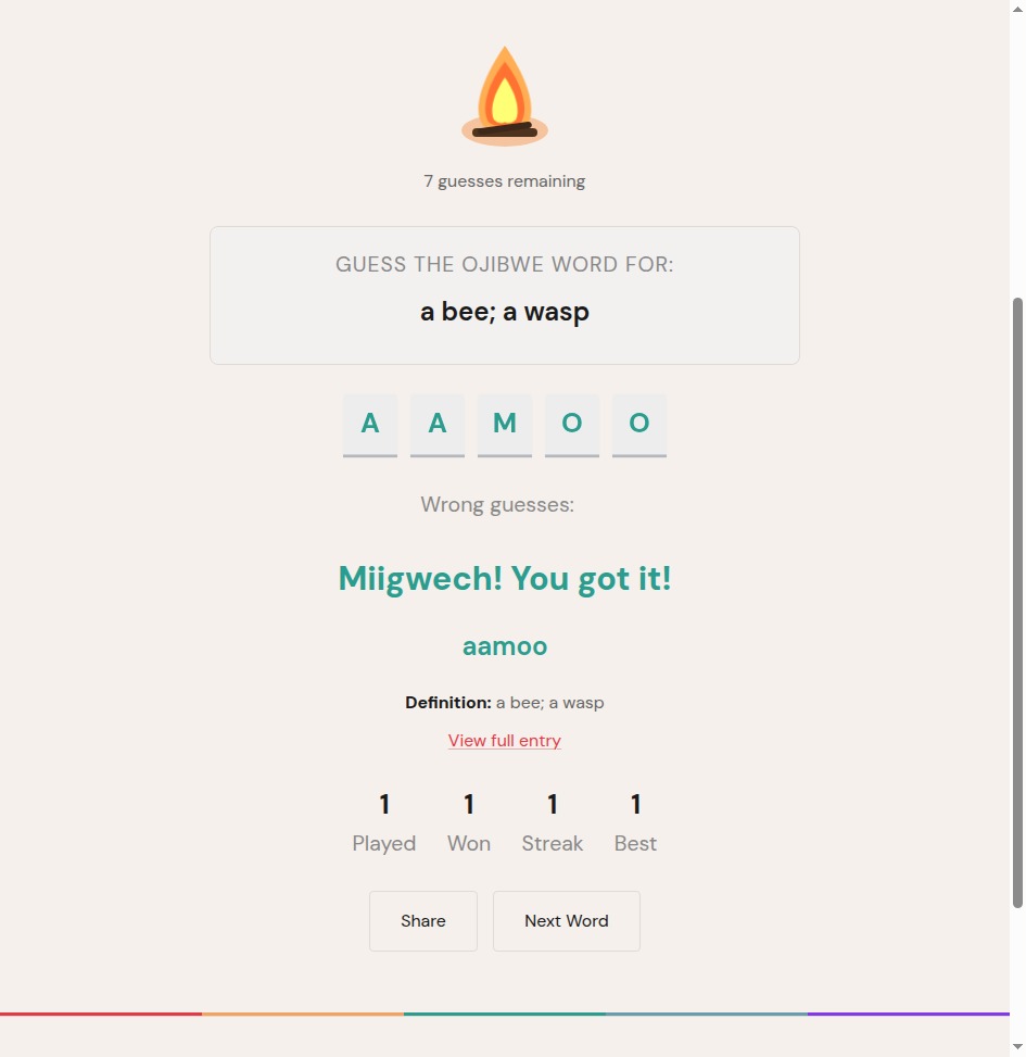 Win state showing &ldquo;Miigwech! You got it!&rdquo;, the completed word with its definition, stats, and a share button