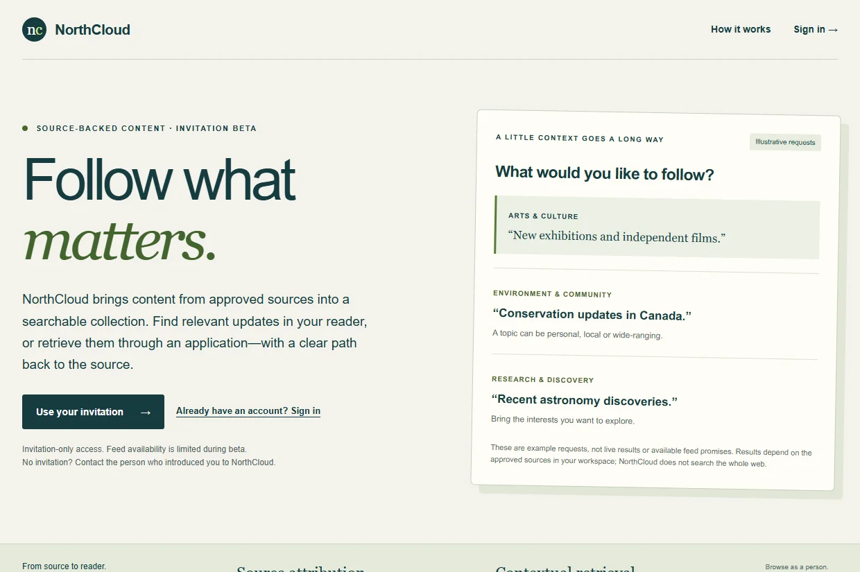 NorthCloud homepage with the headline Follow what matters. and illustrative requests about arts, community and research.