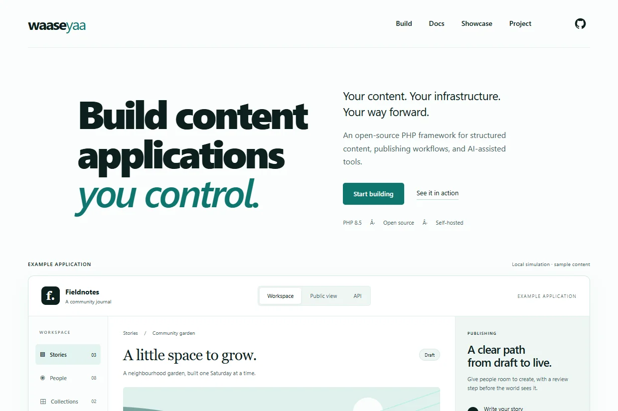Waaseyaa homepage with the headline Build content applications you control and the Fieldnotes example application.